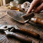 Close-up macro of vintage bypass pruners and hand trowel being restored on a rustic wooden workbench