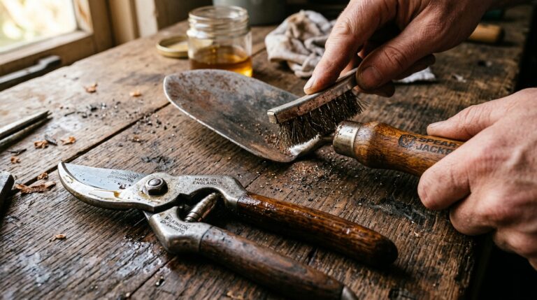 Close-up macro of vintage bypass pruners and hand trowel being restored on a rustic wooden workbench
