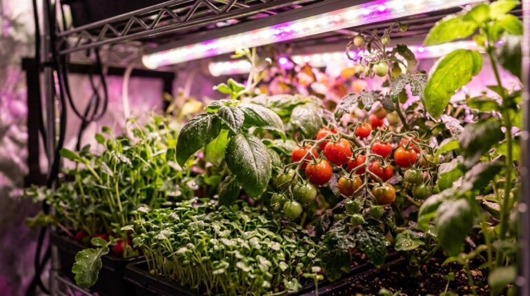 Ultra close-up macro of vibrant microgreens and tomatoes growing under full spectrum LED lights in a DIY indoor grow tent rack