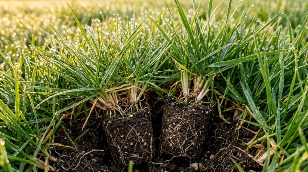 Ultra close-up macro of lush emerald green autumn turfgrass blades with deep roots and aerated soil plugs in morning sunlight