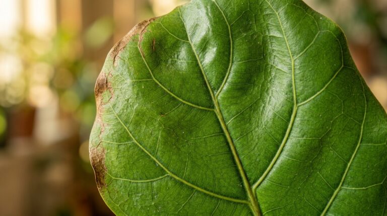 Ultra close-up macro of a large Fiddle Leaf Fig leaf showing veining and dry crispy brown edges from winter dry air