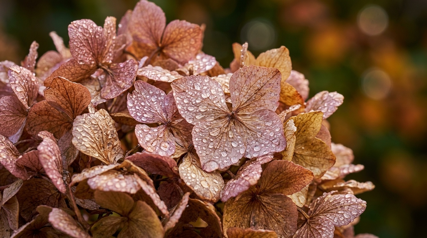 Macro close-up of lush autumn hydrangea flower heads transitioning into vintage copper and rose tones on healthy garden stems