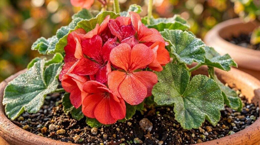 Ultra close-up macro of vibrant flowering zonal geranium in terra cotta pot with autumn morning dew
