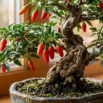 Ultra close-up macro of an overwintered chili pepper bonsai plant with thick woody trunk and vibrant peppers