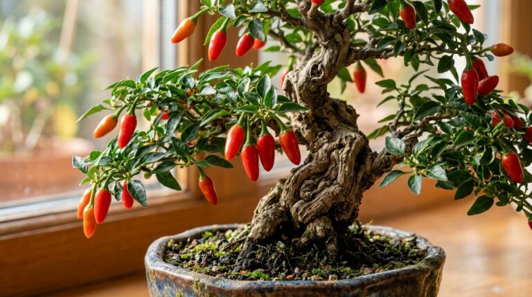 Ultra close-up macro of an overwintered chili pepper bonsai plant with thick woody trunk and vibrant peppers