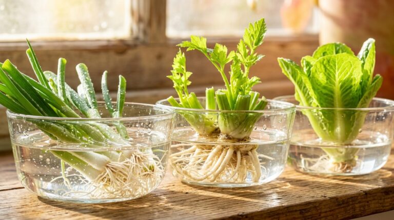 Regrowing kitchen scrap vegetables in water jars on windowsill