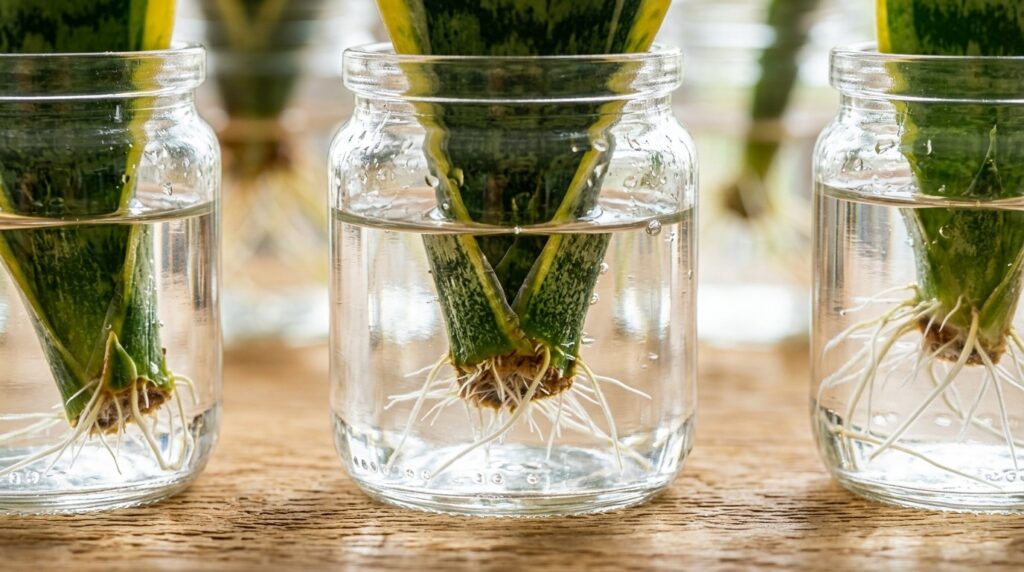 Propagating snake plant leaf cuttings in water