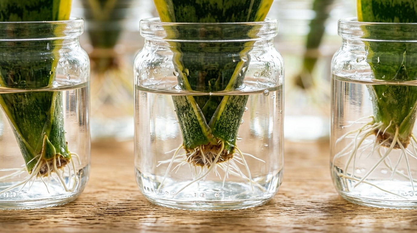 Snake plant leaf cuttings developing vigorous white roots in water