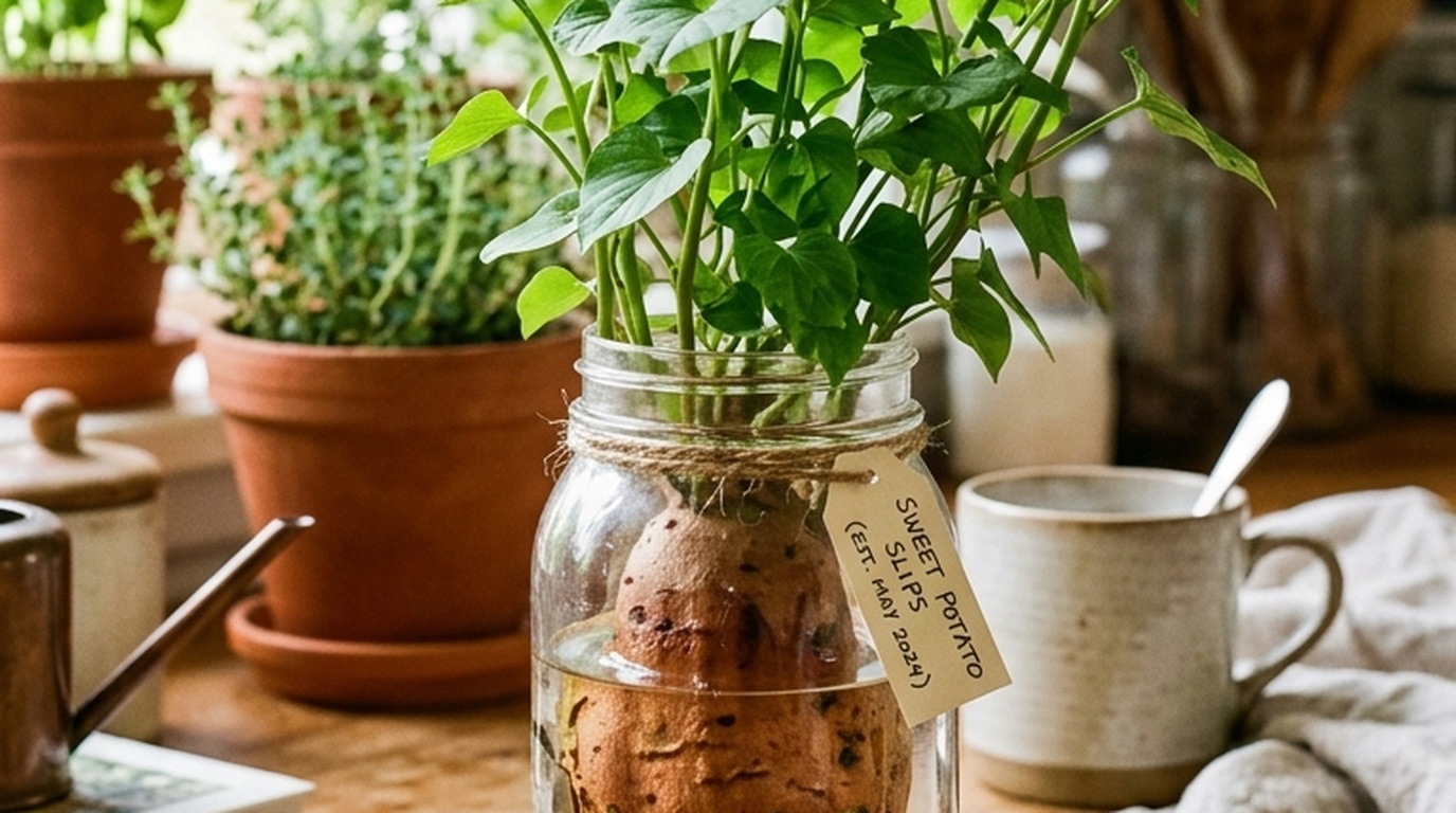 Sweet potato slips sprouting vigorously from an organic tuber in a glass jar