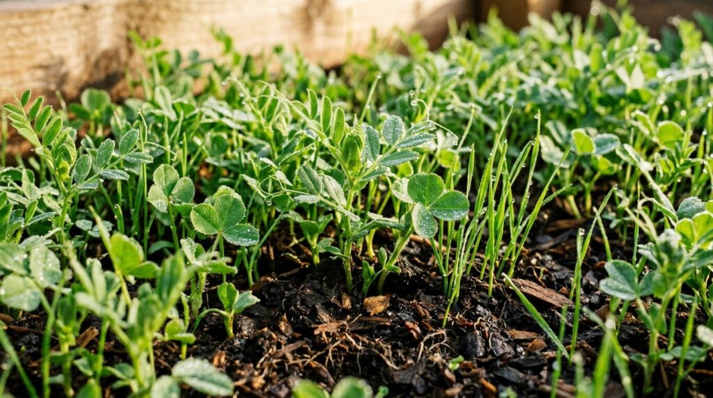 Ultra close-up macro of lush emerald green winter cover crops emerging through rich organic soil in a raised garden bed