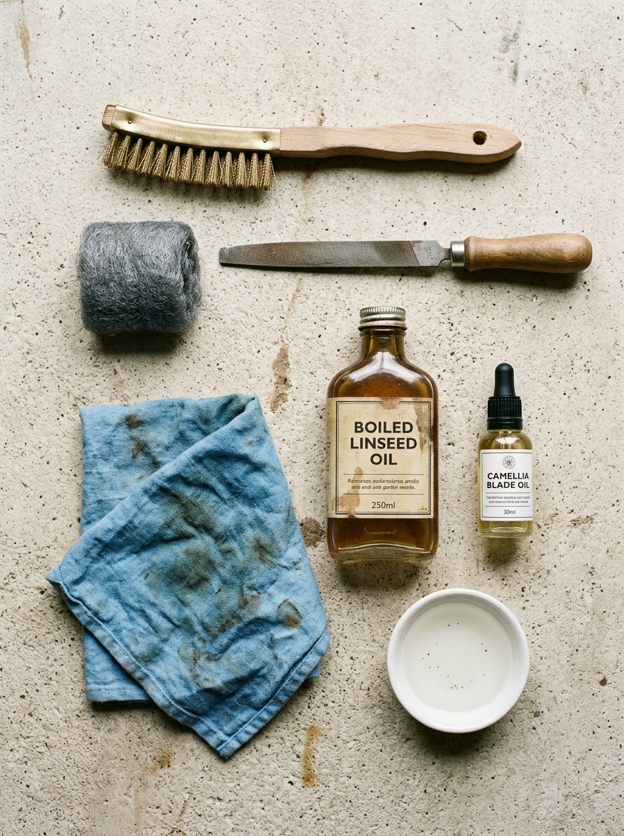 Garden tool restoration supplies including brass wire brush, steel wool, file, boiled linseed oil, and blade oil