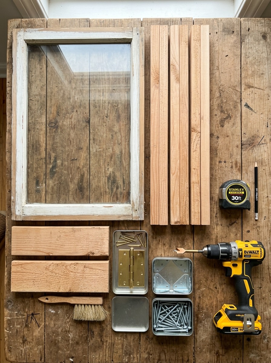 Materials and tools flat-lay for DIY cold frame construction