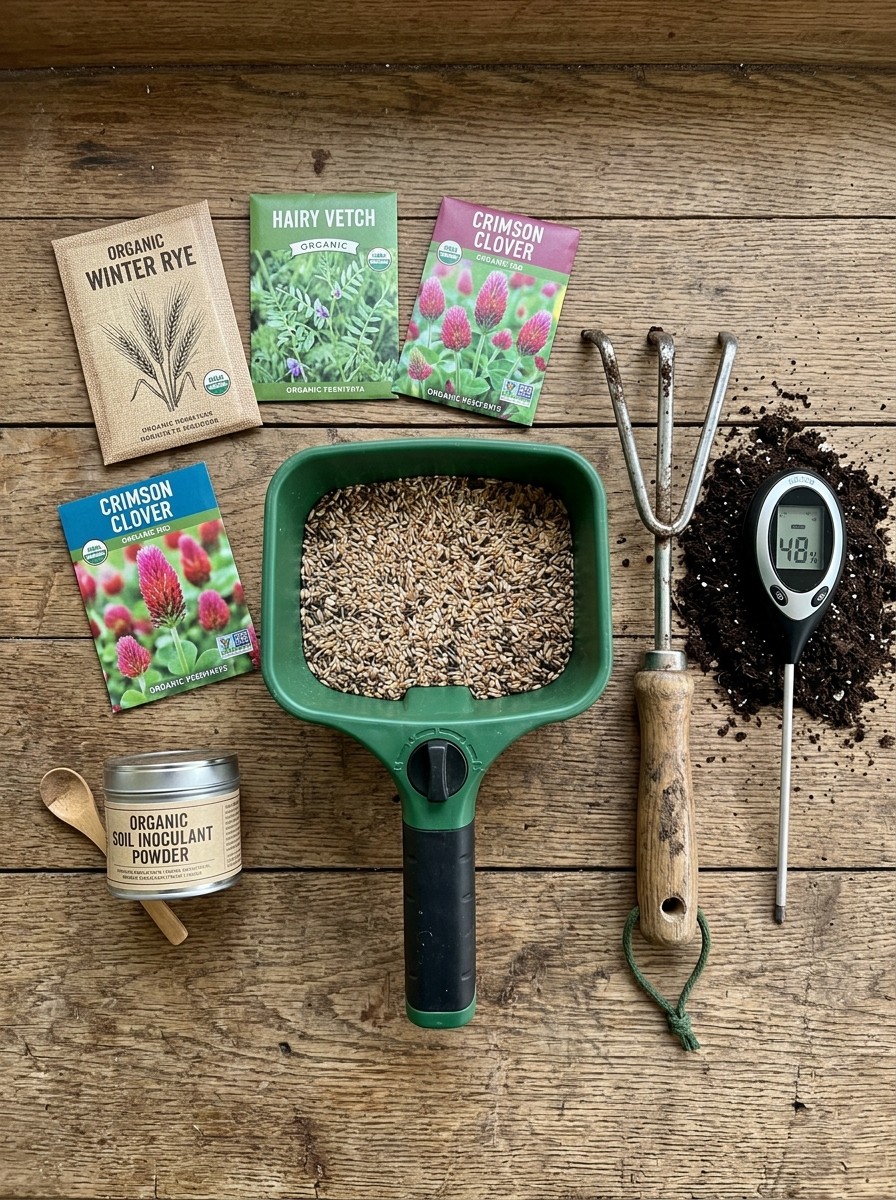 Flat-lay of cover crop preparation essentials including seed packets of winter rye, vetch, clover, hand spreader, inoculant, and rake