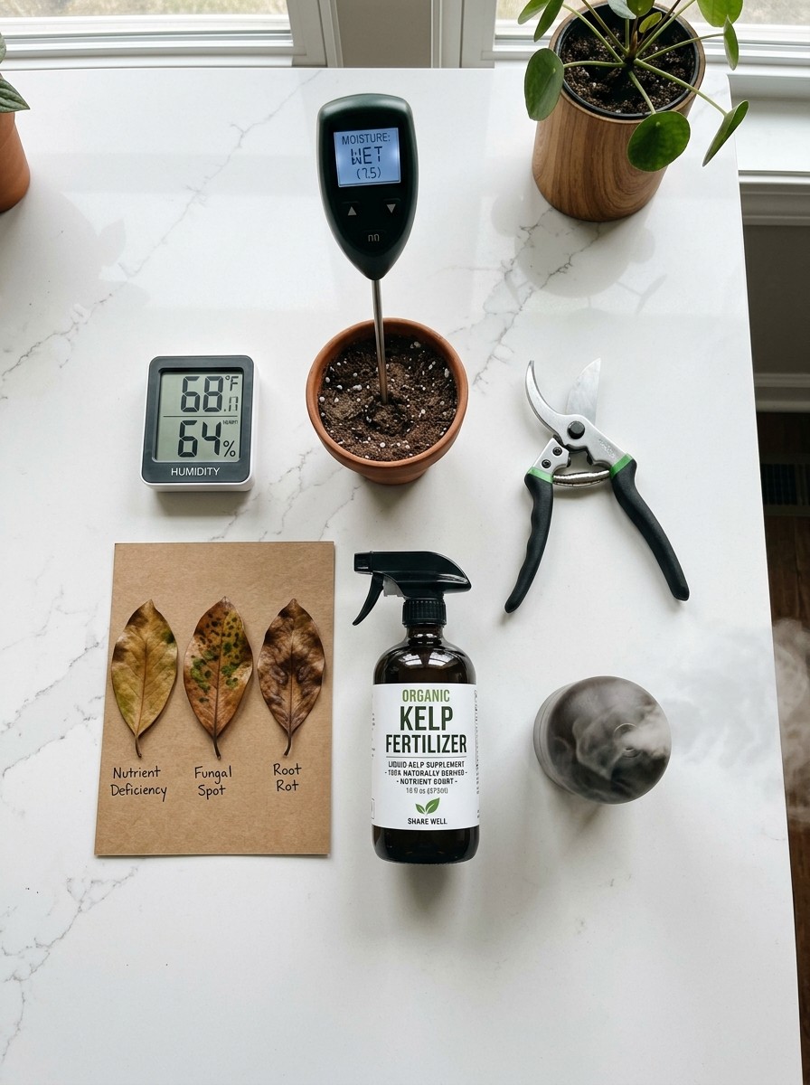 Flat-lay of indoor plant care tools including digital hygrometer, soil moisture meter, pruning scissors, and organic kelp spray