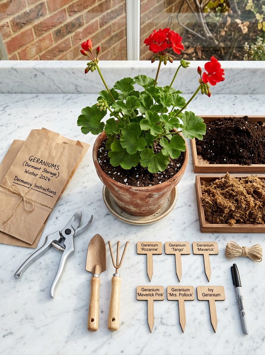 Overhead flat-lay of overwintering preparation materials including sterile pruning shears, brown paper storage bags, and potting soil