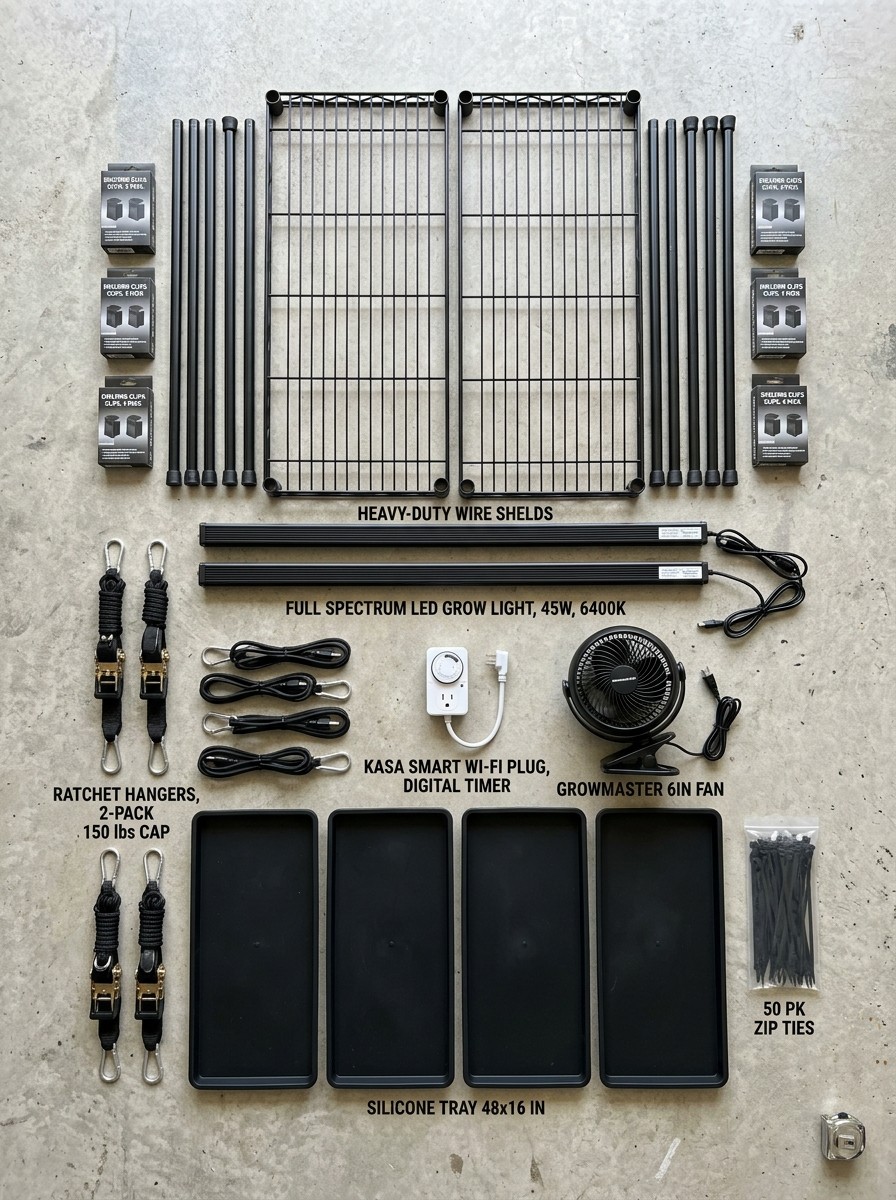 Flat-lay of DIY grow tent rack materials including steel wire shelving, full spectrum LED light bars, timers, fan, and silicone trays