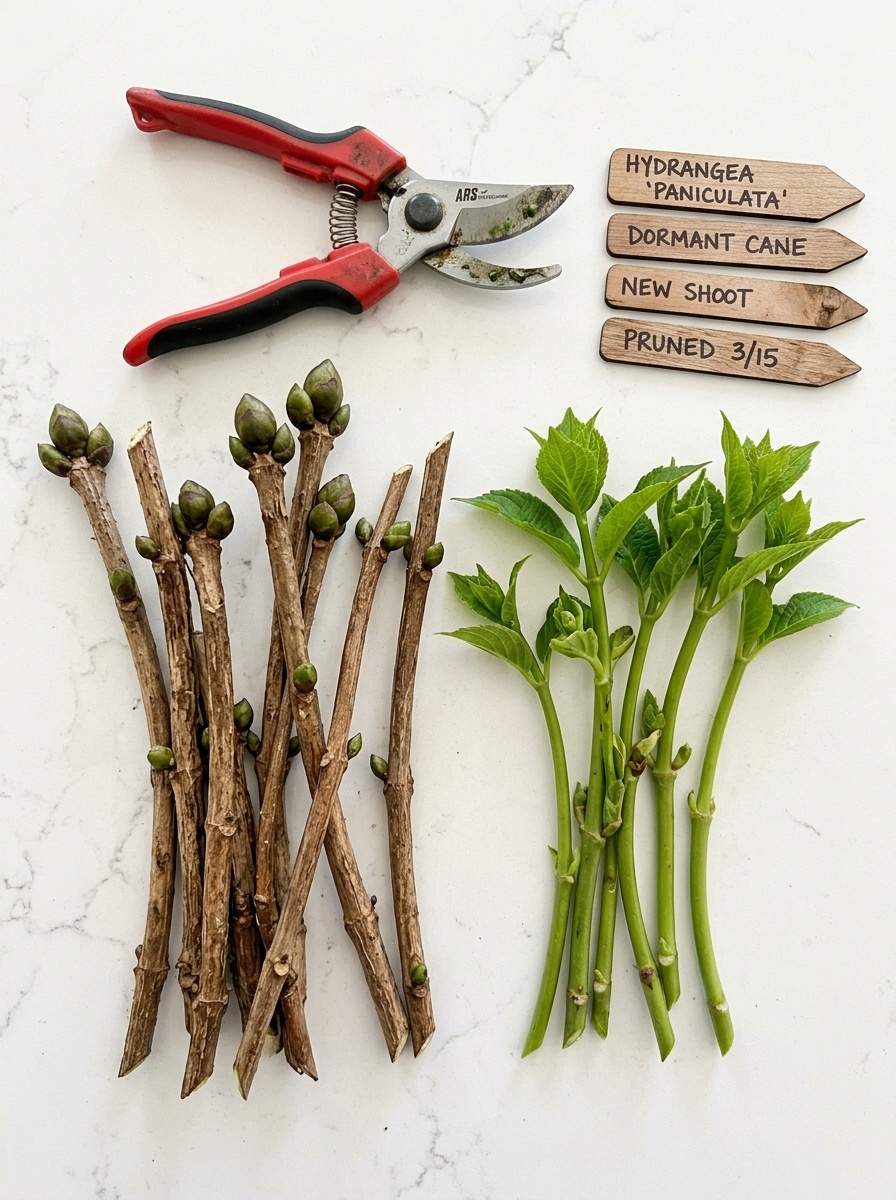Comparison of old wood hydrangea stems with swollen terminal buds alongside smooth new green canes