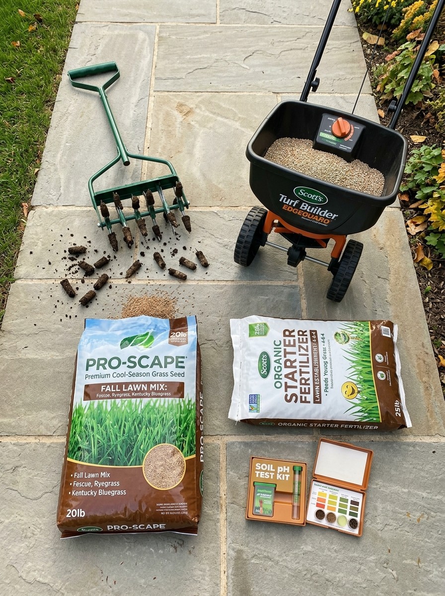 Flat-lay of lawn care equipment including core aerator, cool-season grass seed mix, broadcast spreader, starter fertilizer, and pH test kit
