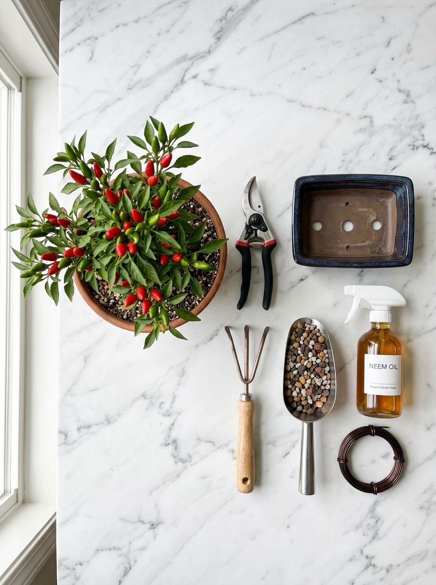 Overhead flat-lay of pepper bonsai potting tools including root rakes, bonsai containers, sterile bypass shears, and gravel soil