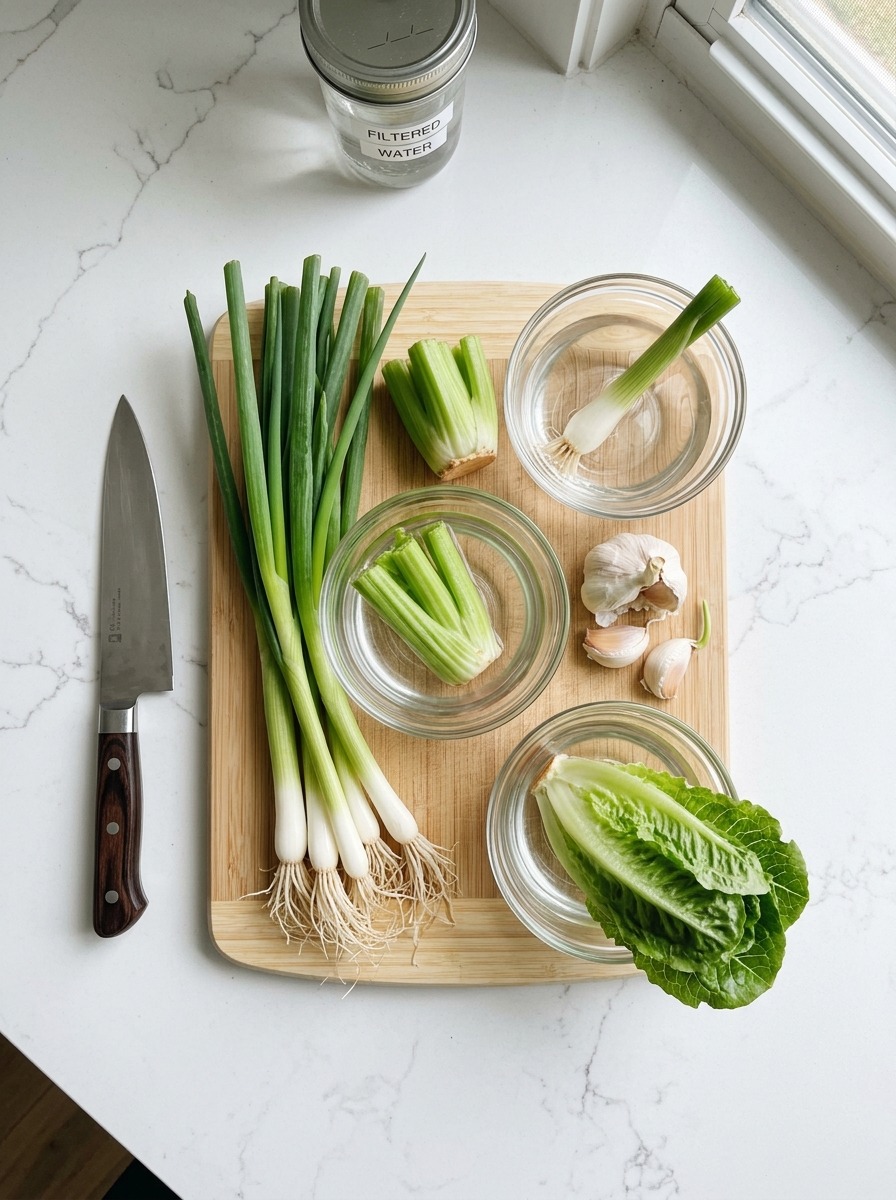 Kitchen scrap regrowing tools and materials flat-lay
