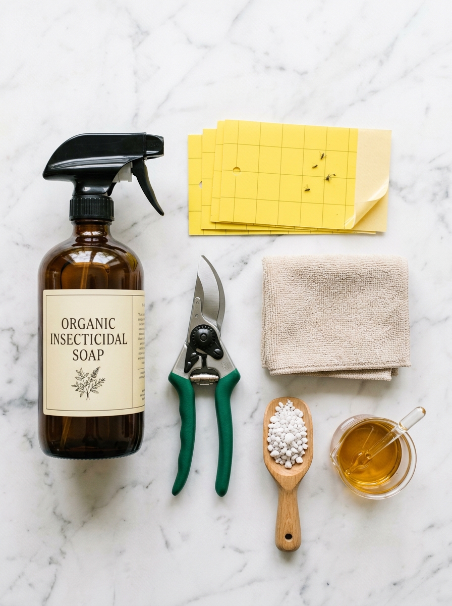 Organic insecticidal soap, rosemary oil, and spray equipment arranged on workstation