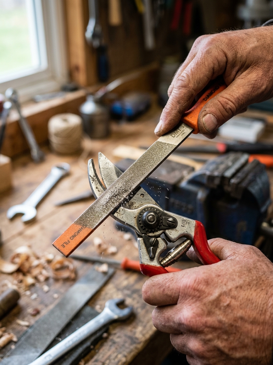 Gardener hands sharpening a bypass pruner blade using a diamond flat file at a 20-degree bevel angle
