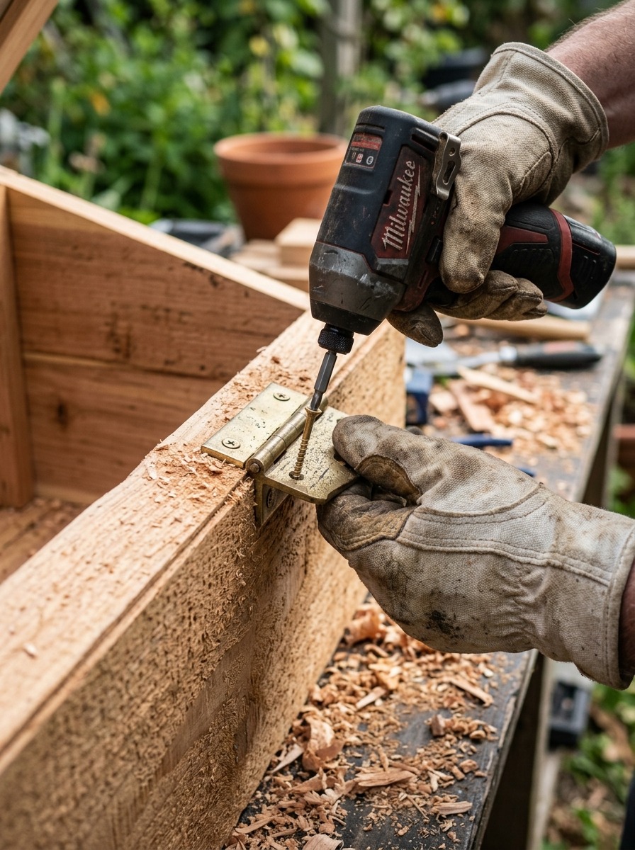 Attaching heavy-duty hinges to angled cedar cold frame box