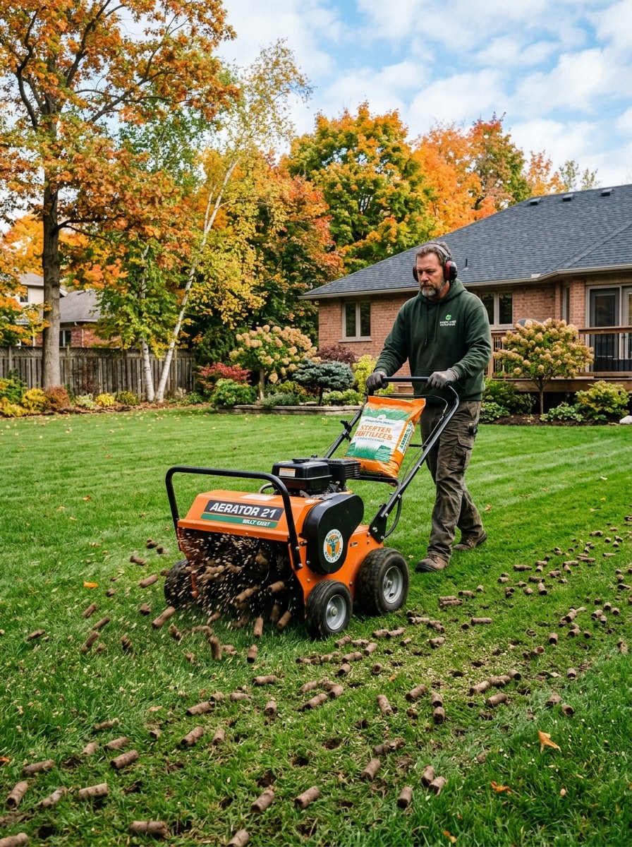 Active lawn renovation shot of gardener running a commercial mechanical aerator pulling 3-inch soil cores across an autumn yard