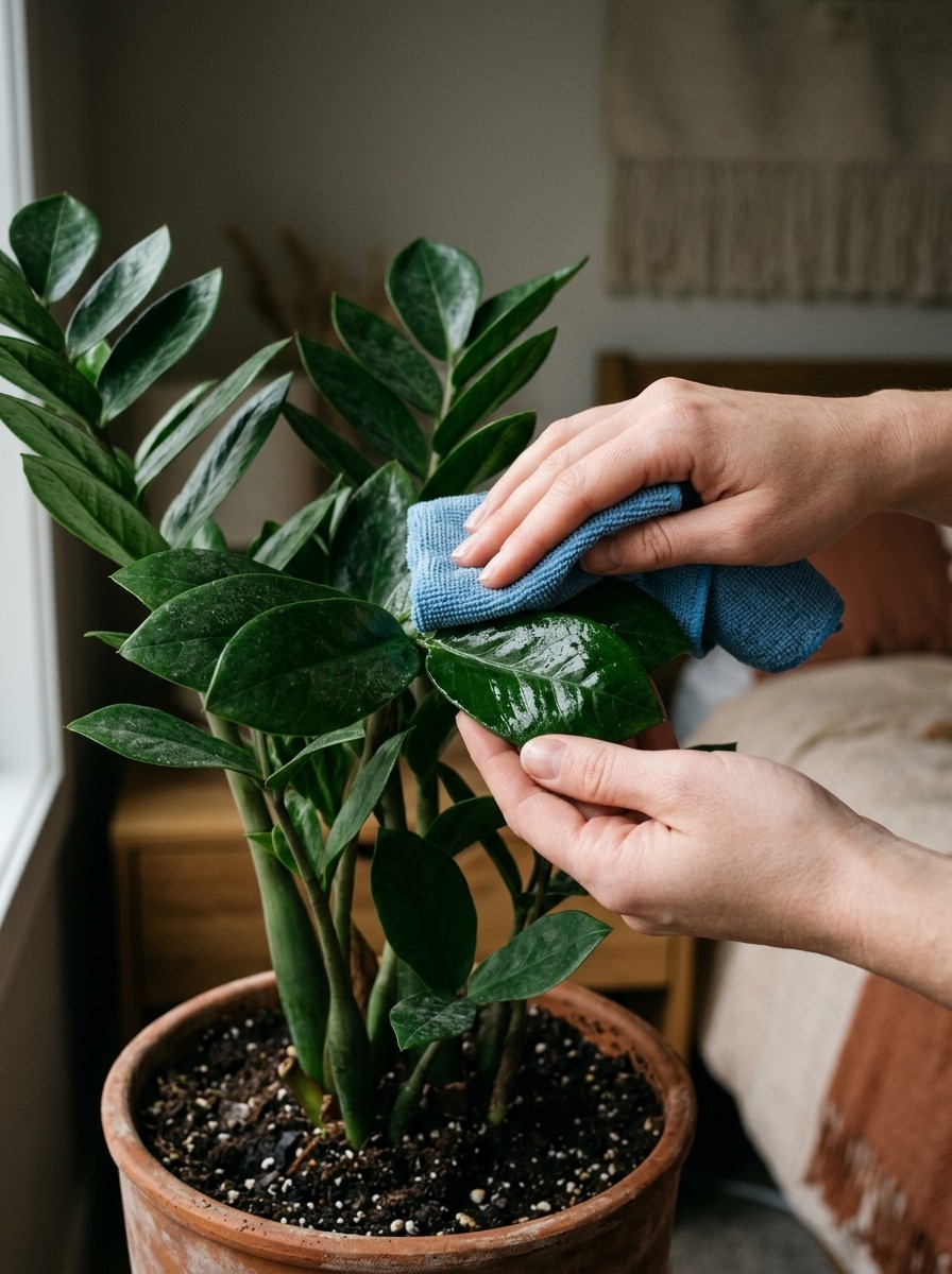 Cleaning dust off ZZ plant leaves to maximize low light photosynthesis