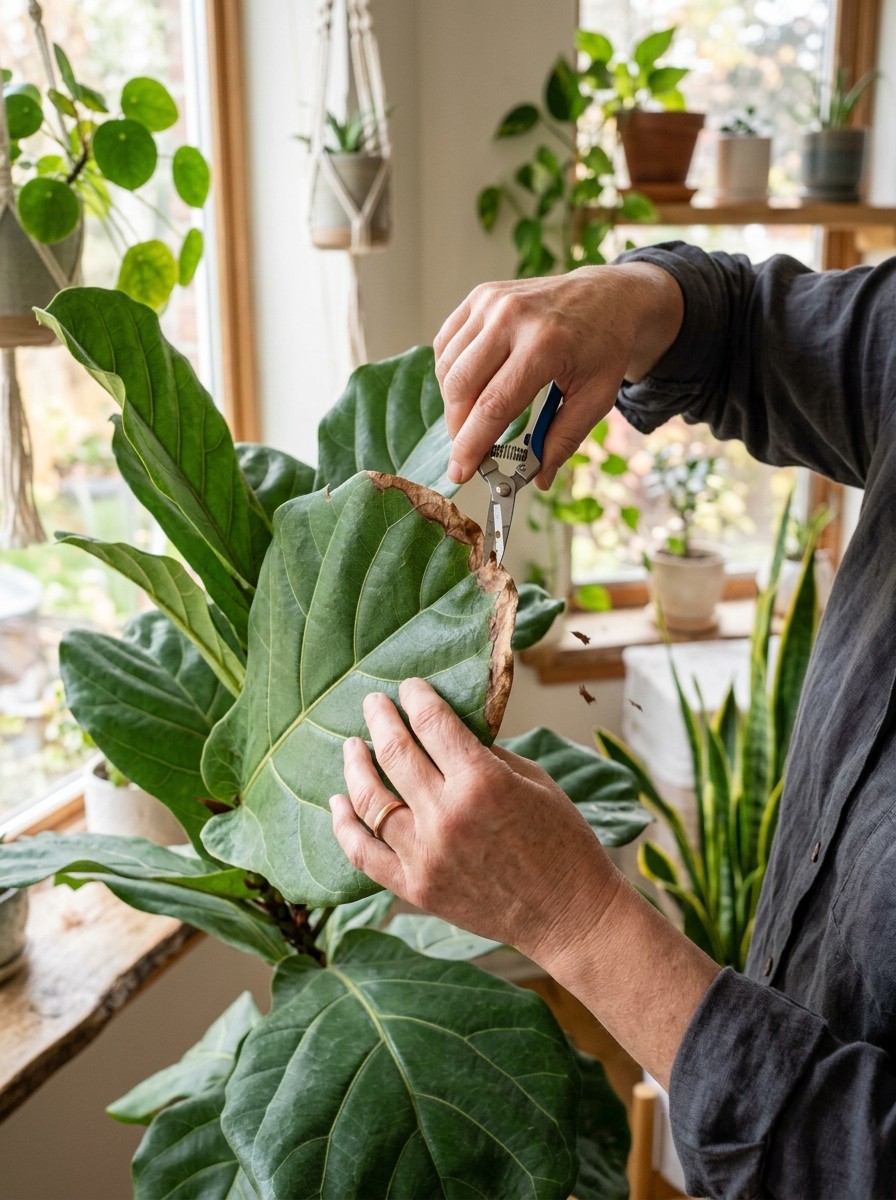 Hands carefully trimming crispy brown edges from a large fiddle leaf fig leaf following its natural curved outline