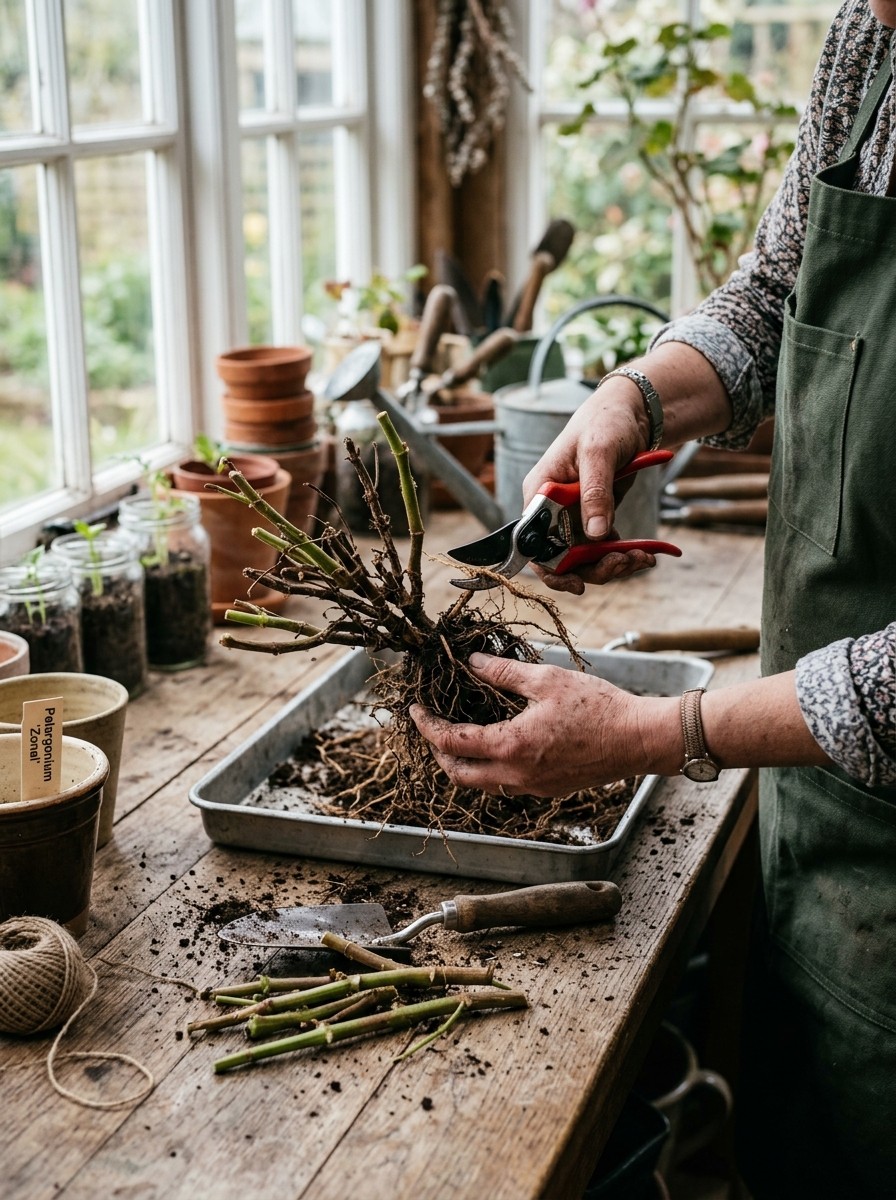 Hands carefully trimming roots and woody stems of a dormant bare-root geranium plant over a wooden workstation