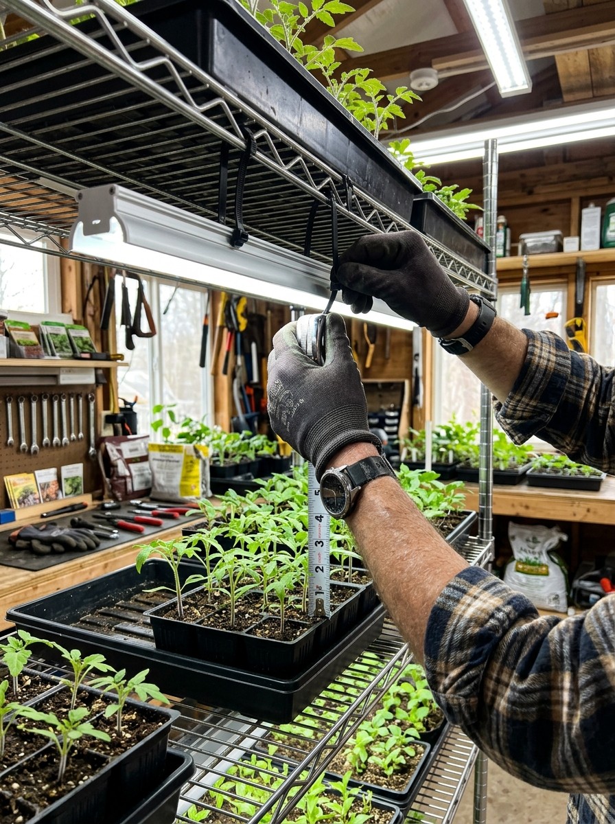Active DIY shot of gardener securing an aluminum LED light bar to the underside of a wire shelf with cable ties and measuring tray clearance