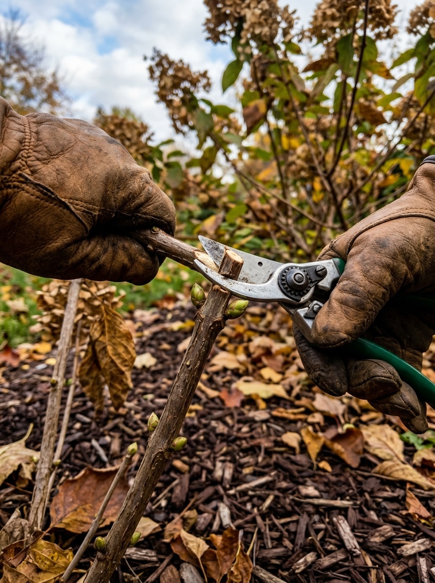 Gardener making a precise angled pruning cut just above a plump dormant bud pair on a hydrangea cane