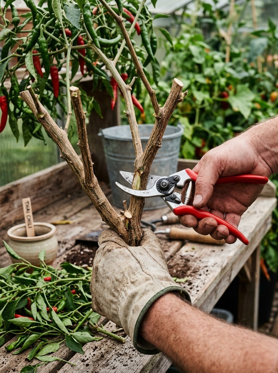 Gardener making sharp clean 45-degree cuts on a mature woody chili pepper stem to reduce the framework to a compact bonchi trunk