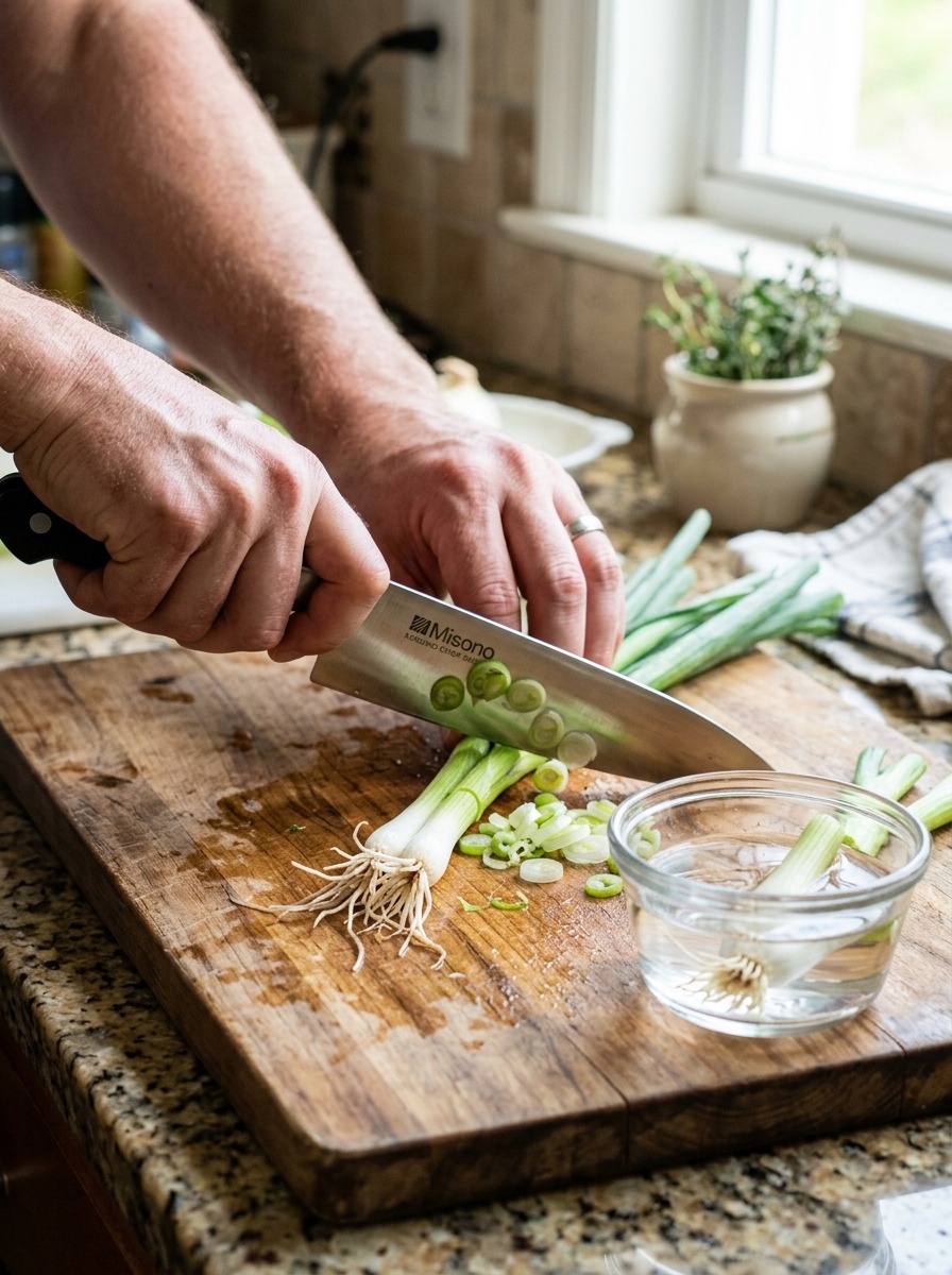 Trimming scallion base with clean cut above root plate