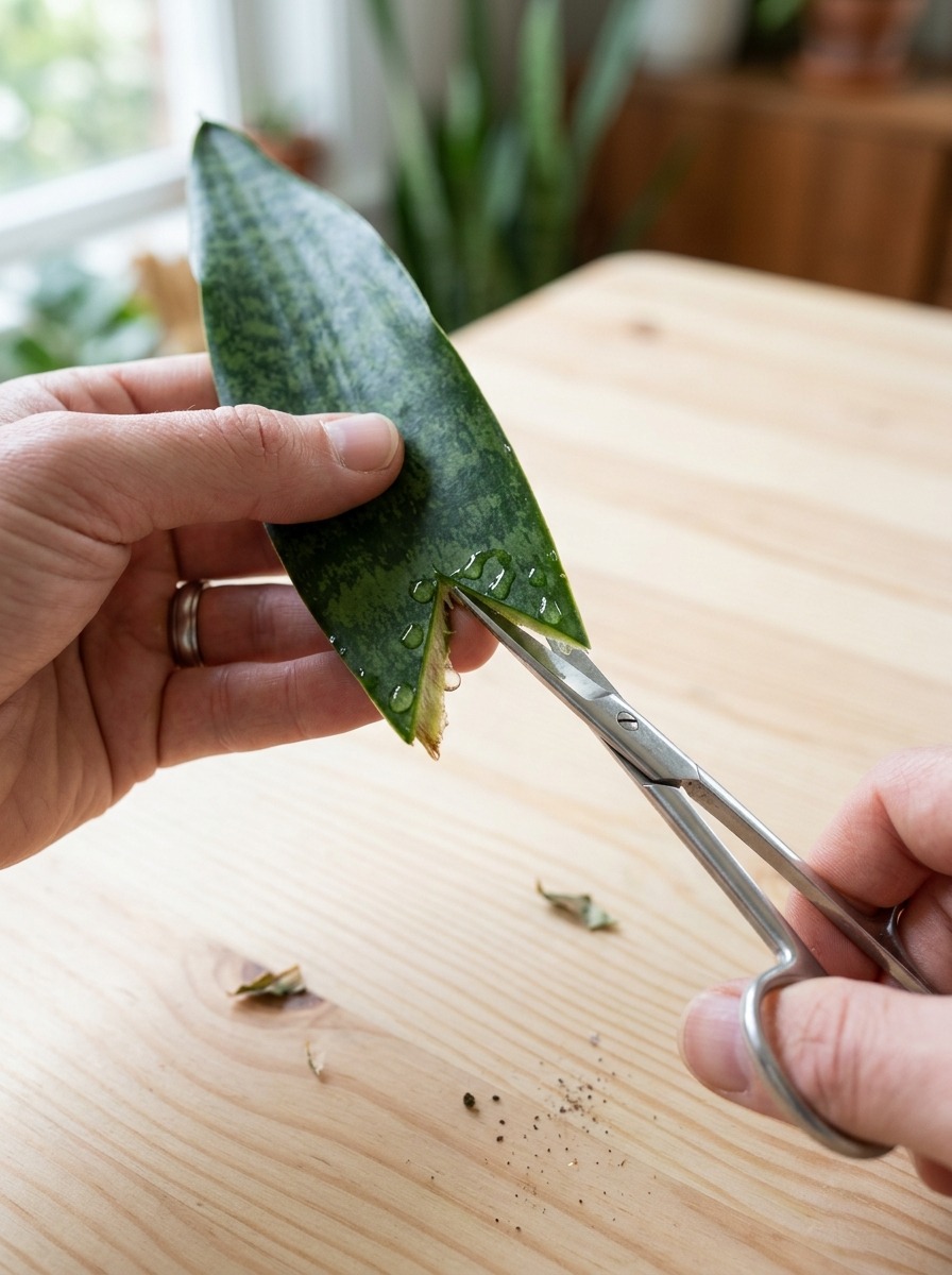 Cutting an inverted V-notch into the base of a snake plant leaf