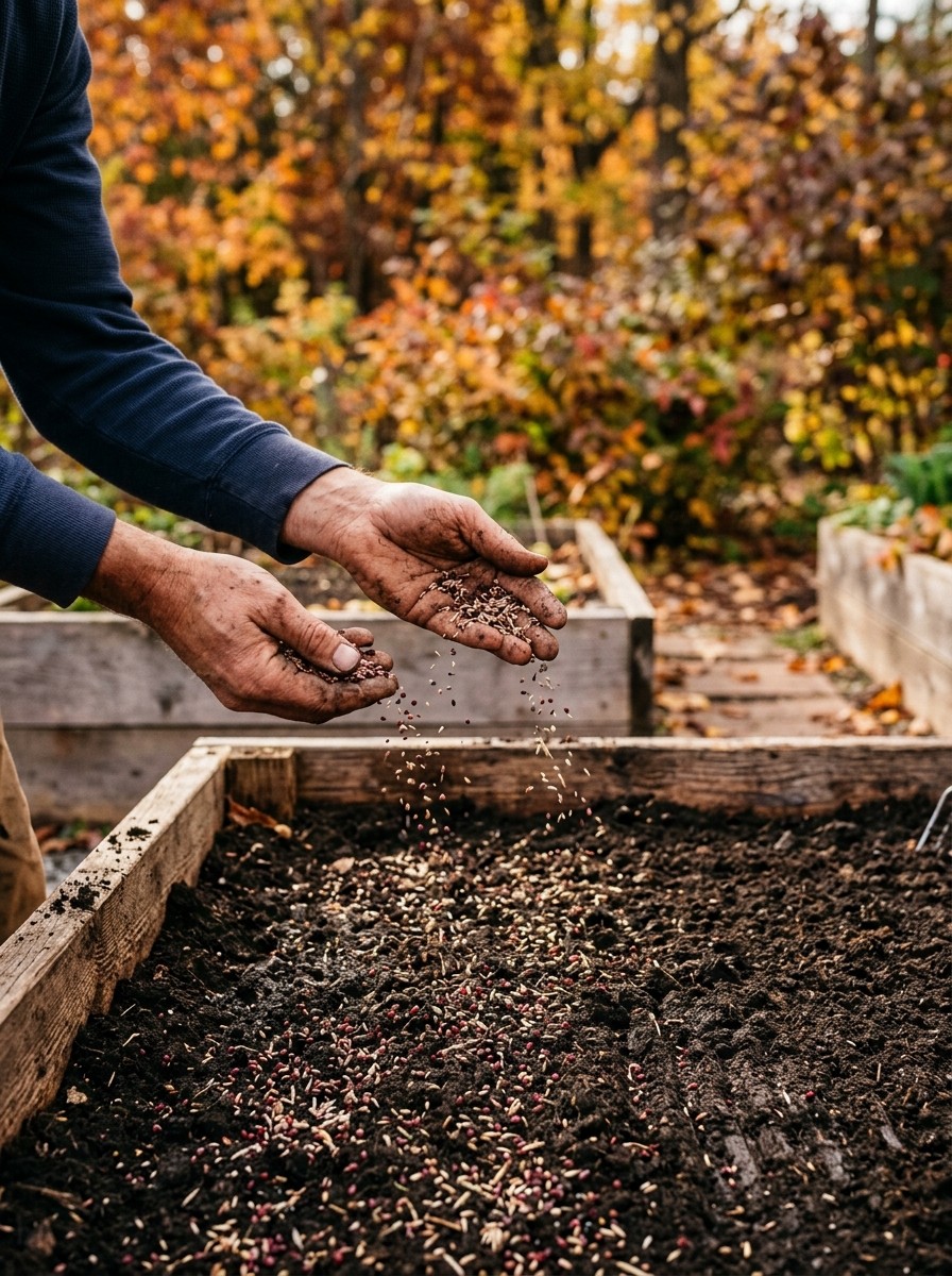 Hands scattering crimson clover and winter cereal rye seeds evenly across freshly raked dark soil in a wooden raised garden bed