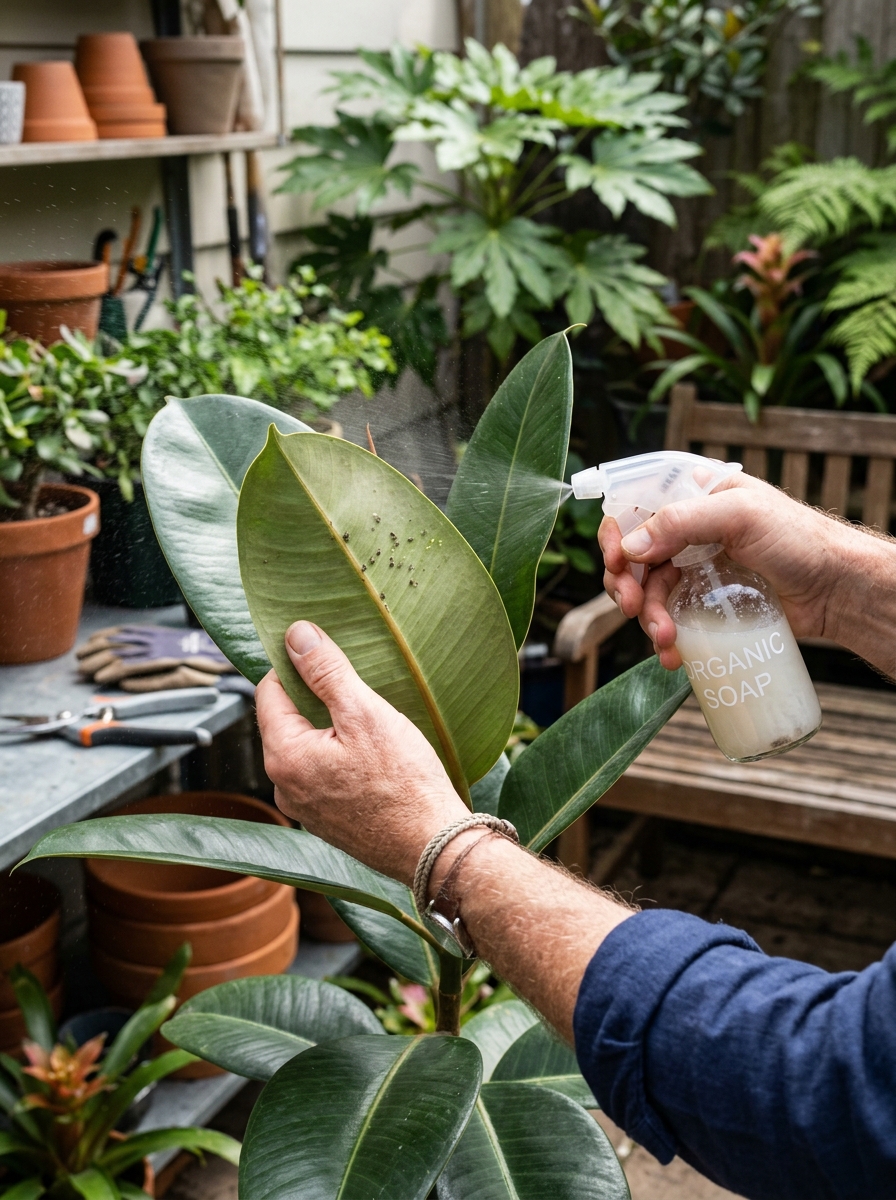 Targeted spraying of organic soap solution on leaf undersides to knock down spider mites