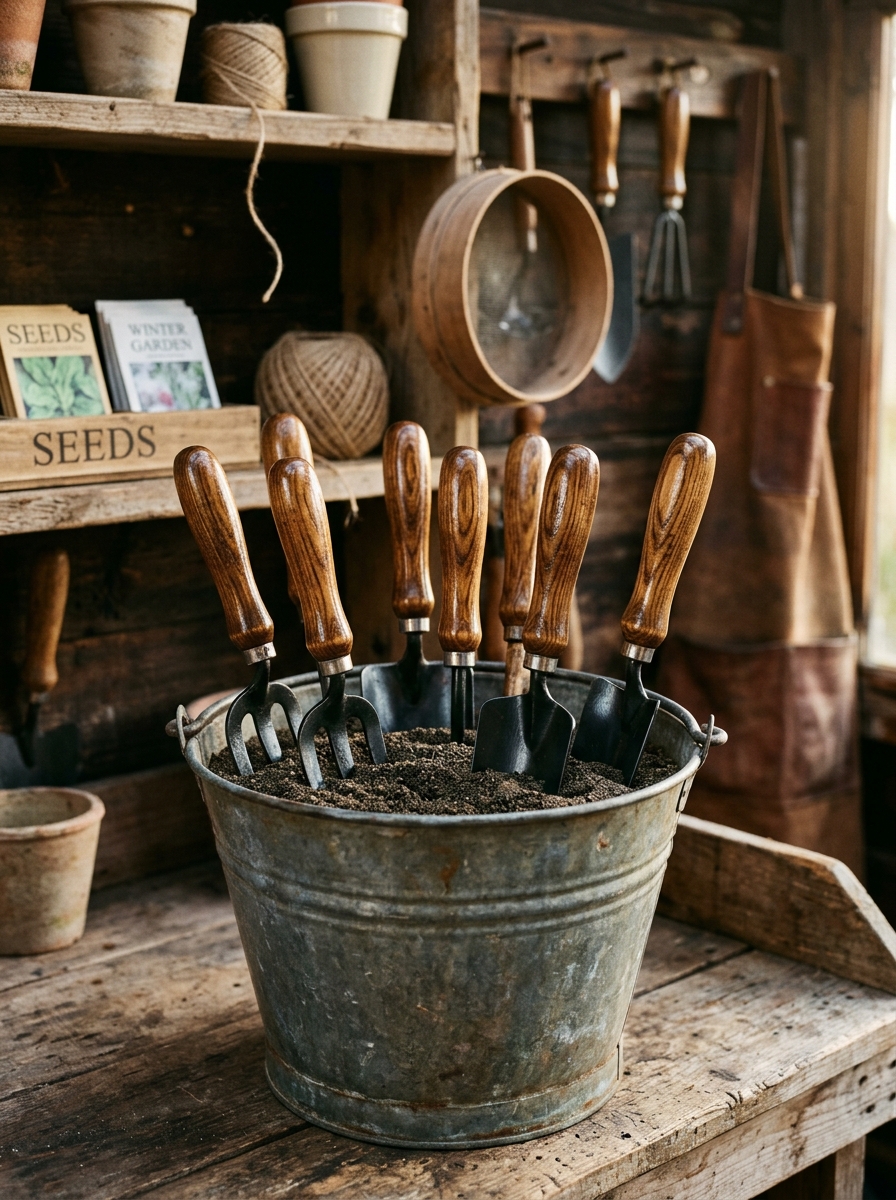 Restored garden spades, trowels, and hand forks stored in an oiled sand bucket in a potting shed