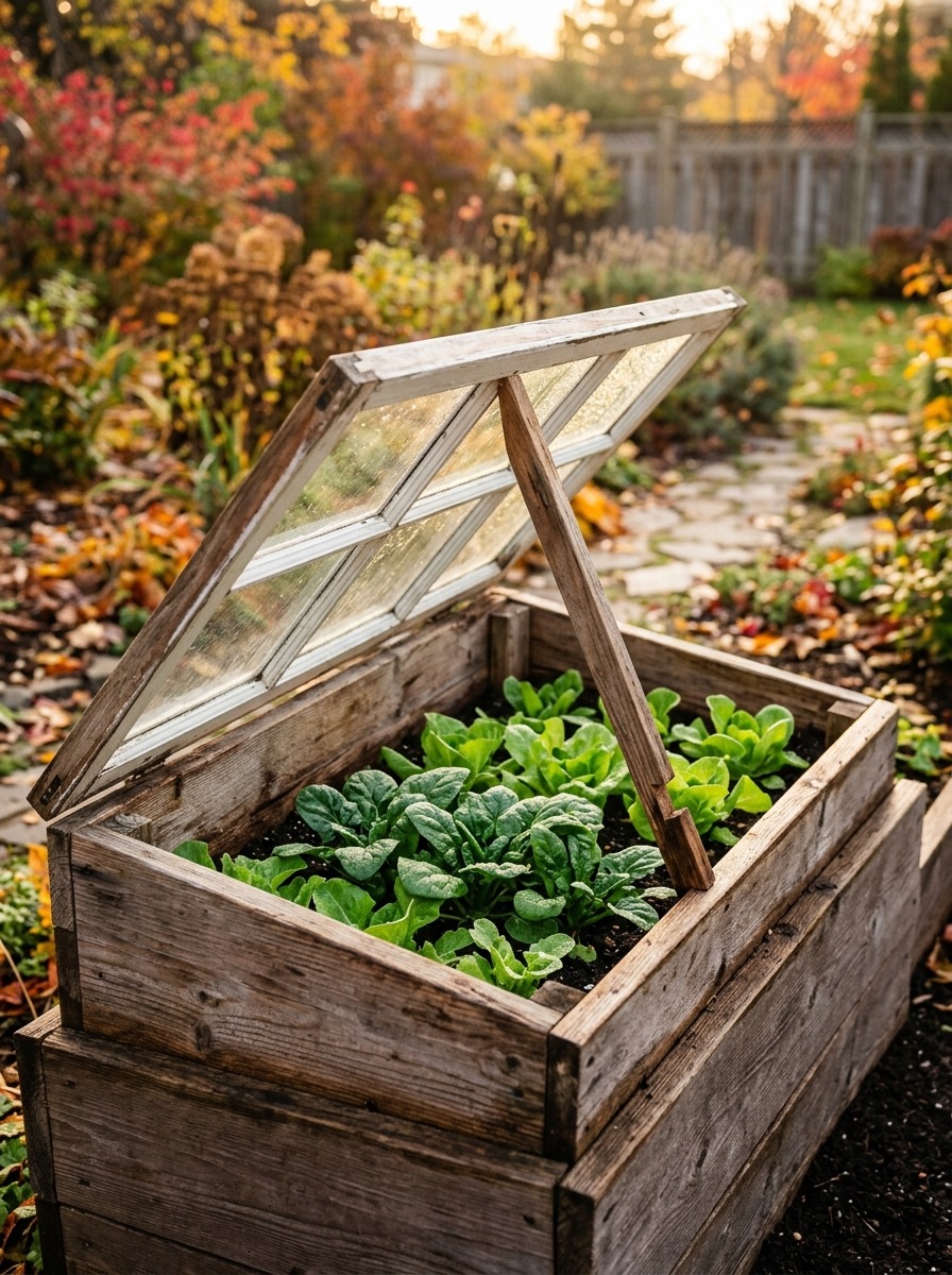 Thriving winter greens inside finished cedar cold frame