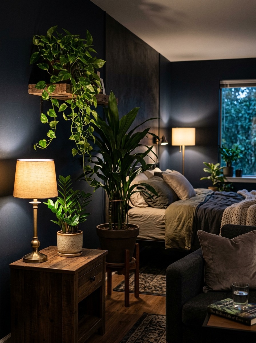 Cozy dark bedroom styled with Cast Iron plant, ZZ plant, and trailing Pothos