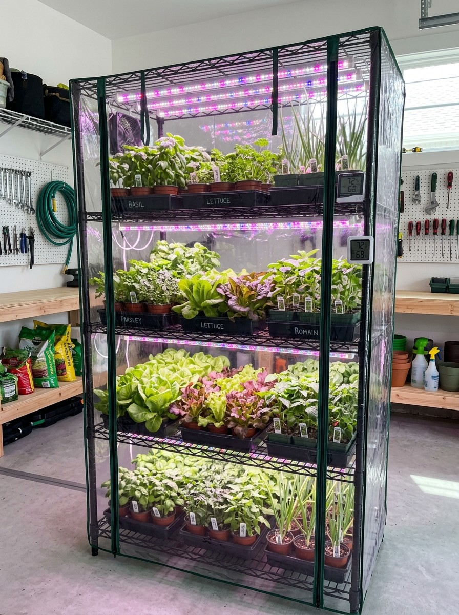 Completed 4-tier wire rack indoor greenhouse station with thriving greens, lettuces, and herbs under purple-white LED lights