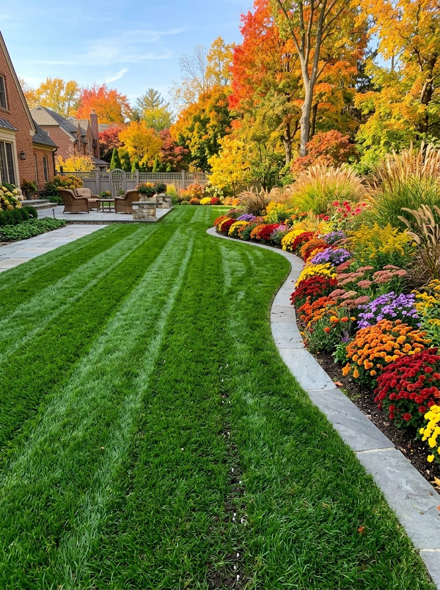 Thick velvety striped emerald green autumn lawn bordered by colorful autumn flower beds and clean stone patio edging