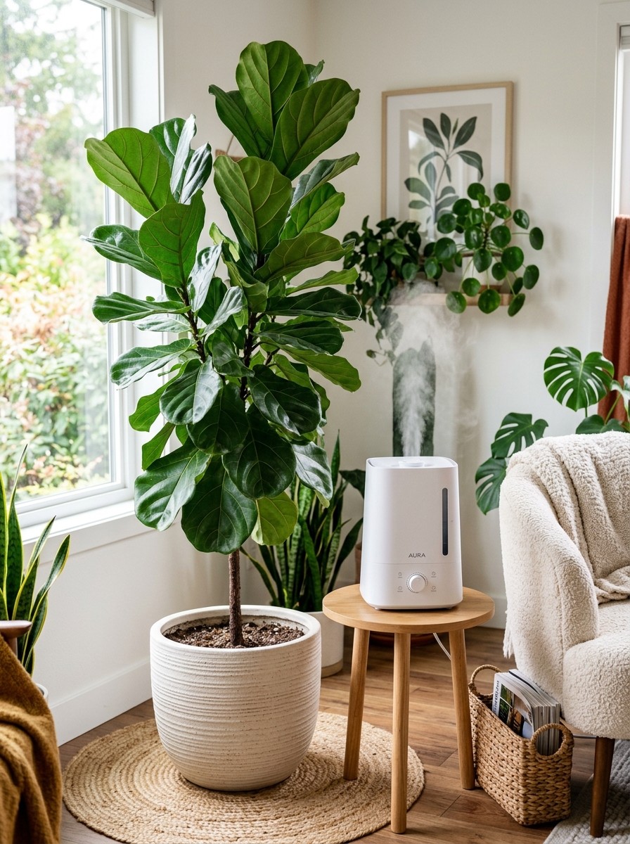 A healthy tall Fiddle Leaf Fig tree in a living room corner with a gentle ultrasonic humidifier plume