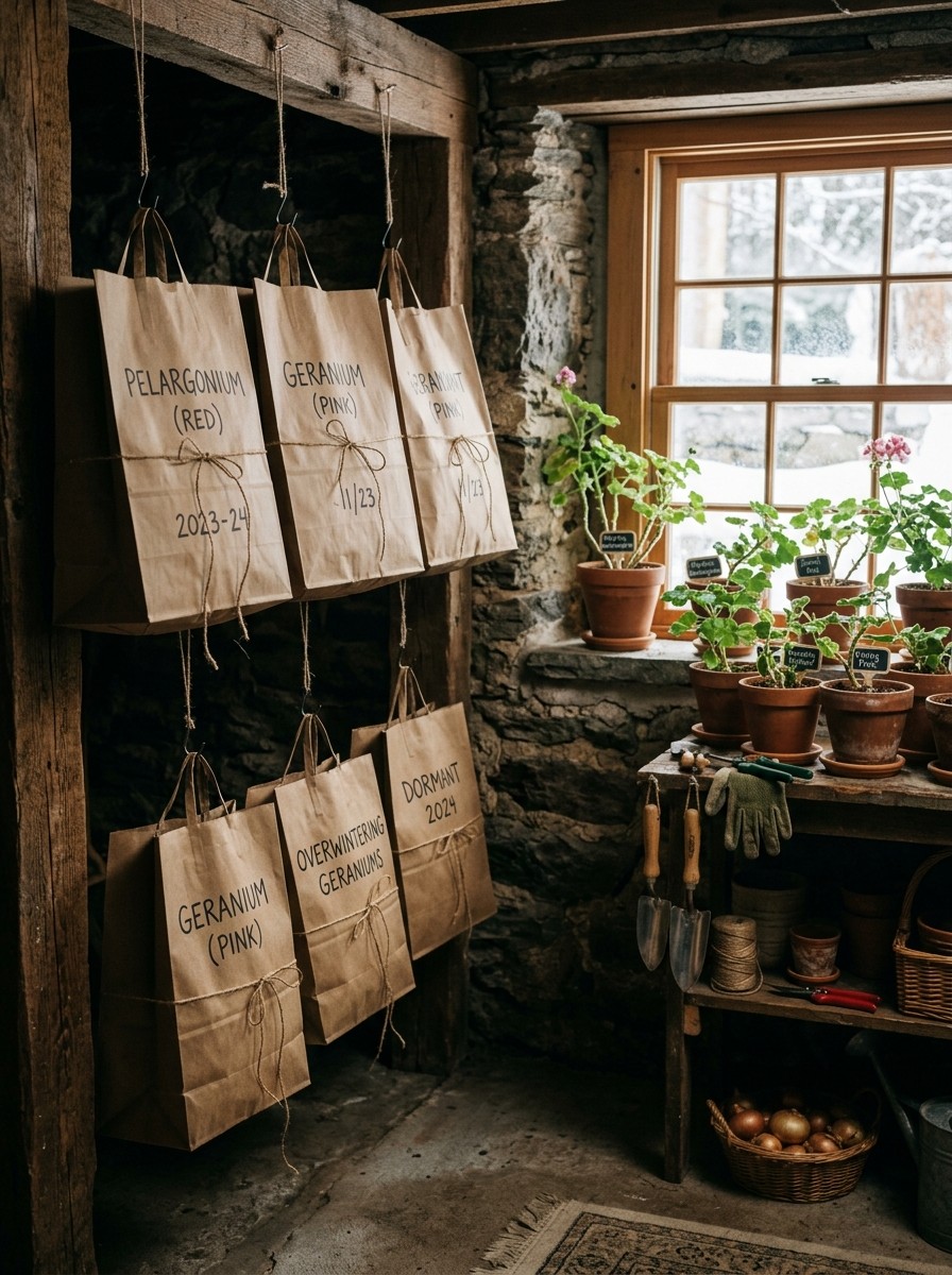Dormant geraniums stored in labeled kraft paper bags hanging in a cool rustic basement cellar alongside potted windowsill plants
