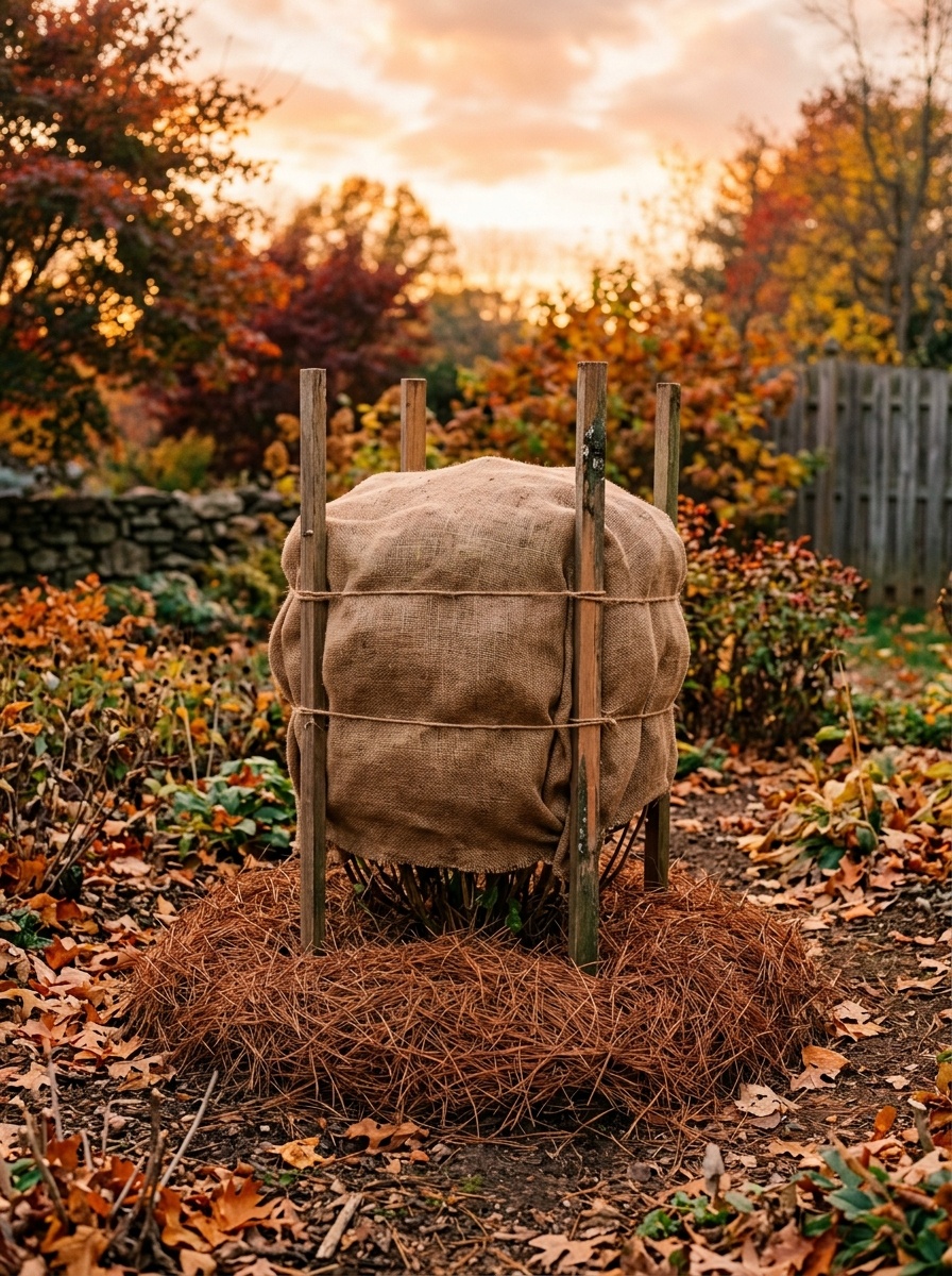 A bigleaf hydrangea bush insulated with breathable burlap wrap and a thick base layer of pine straw mulch in a garden bed