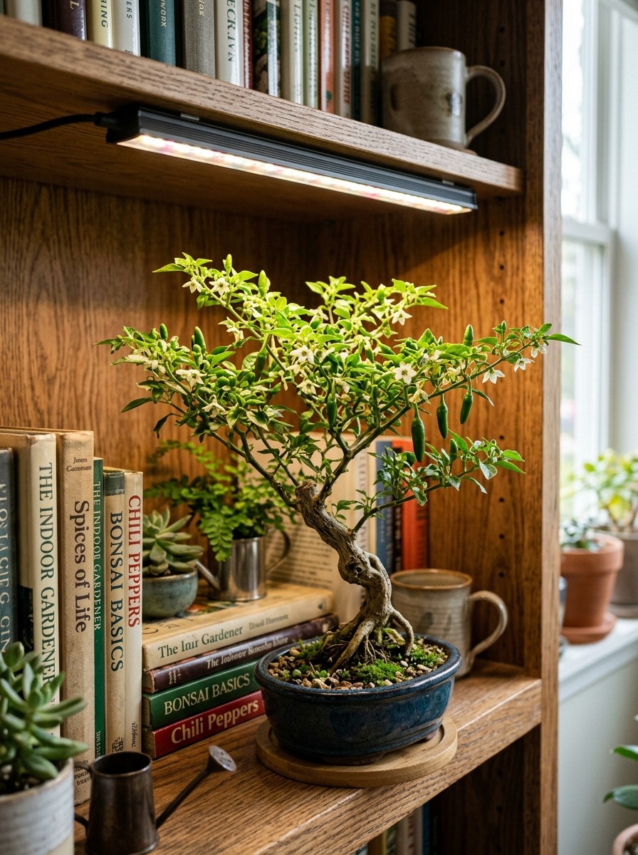 Flourishing indoor chili pepper bonsai with lush green leaves and miniature blossoms under an LED grow light fixture