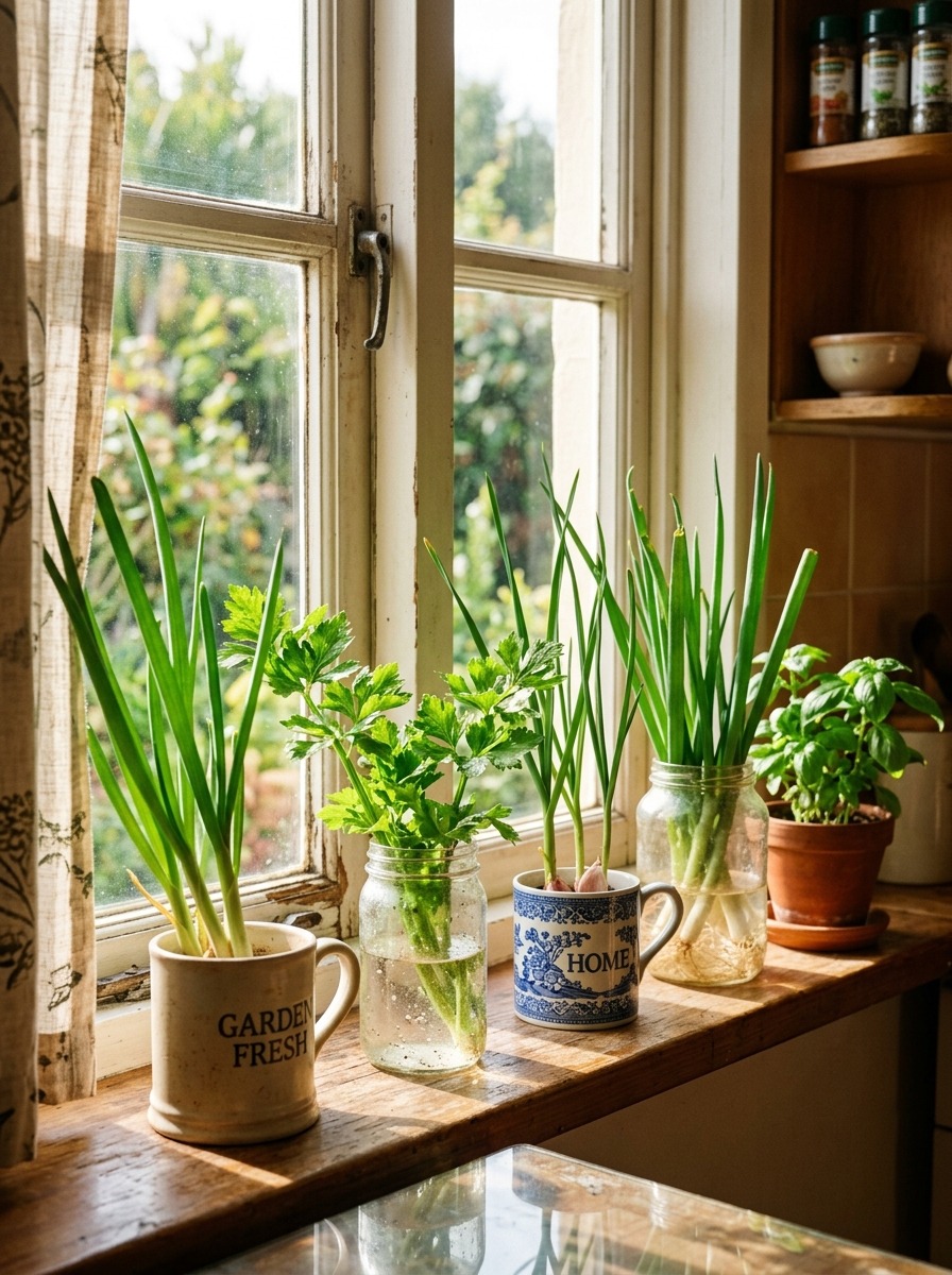 Aesthetic sunny windowsill garden with regrown vegetables in jars