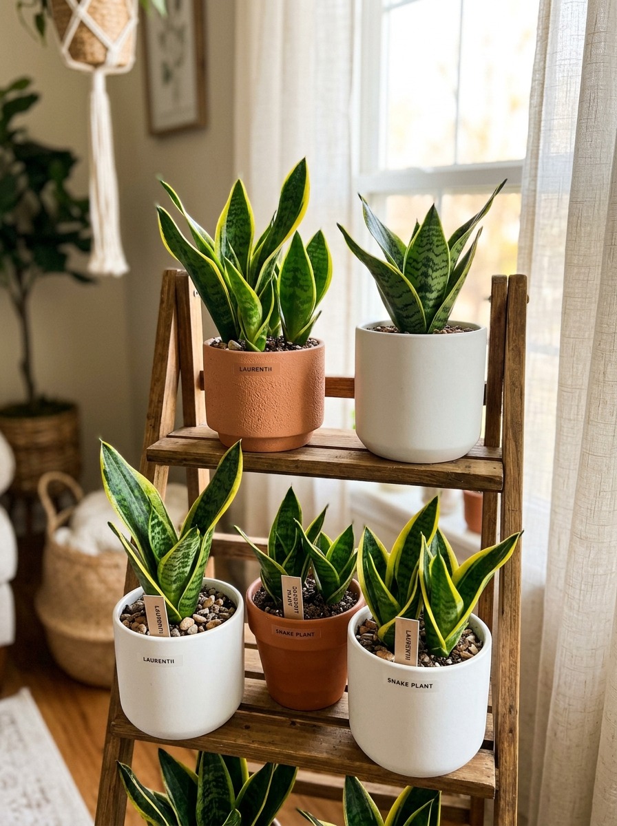Established baby snake plant pups potted in modern ceramic planters