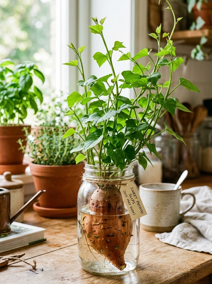 Sweet potato slips forming extensive adventitious white root systems in water